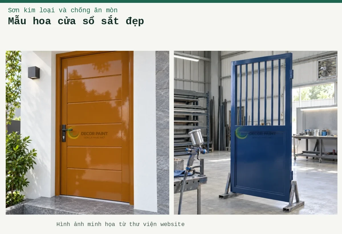 Mẫu hoa cửa sổ sắt đẹp – Ảnh minh họa: Minh họa cửa sắt hoàn thiện màu xanh đậm trên giá đỡ trong xưởng; Cửa thép nâu da bò RS002.