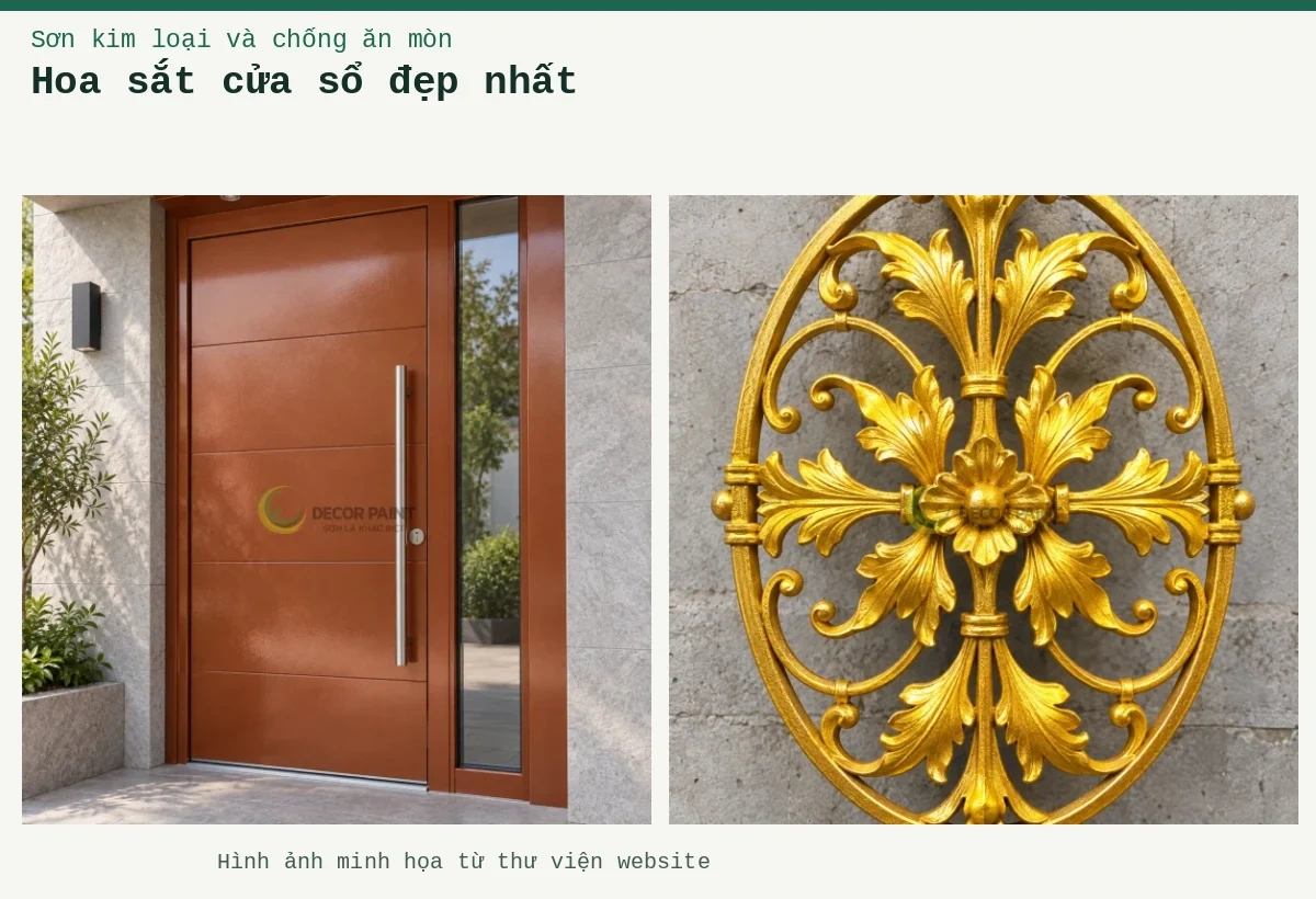 Hoa sắt cửa sổ đẹp nhất – Ảnh minh họa: Ô cửa hoa sắt; Cửa thép phủ nhũ đồng đỏ đậm.