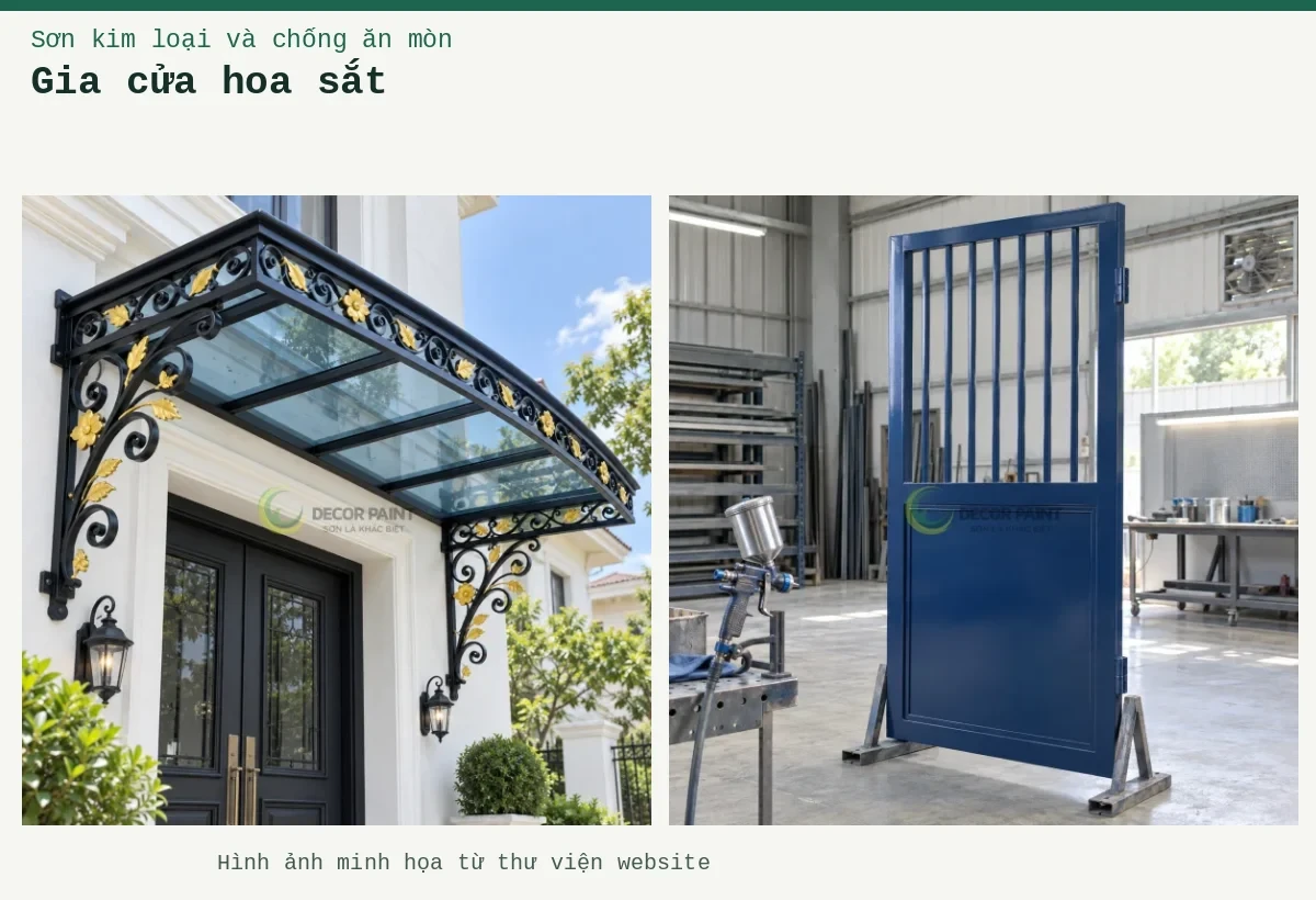Gia cửa hoa sắt – Ảnh minh họa: Mái kính cửa vào phối sắt đen nhũ vàng; Minh họa cửa sắt hoàn thiện màu xanh đậm trên giá đỡ trong xưởng.