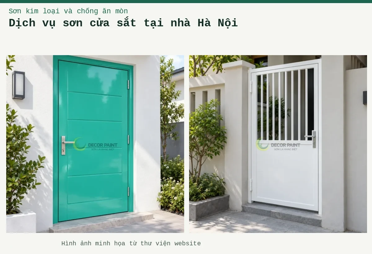 Dịch vụ sơn cửa sắt tại nhà Hà Nội – Ảnh minh họa: Cửa sắt hoàn thiện màu trắng tại lối vào nhà; Cửa thép xanh RS006.