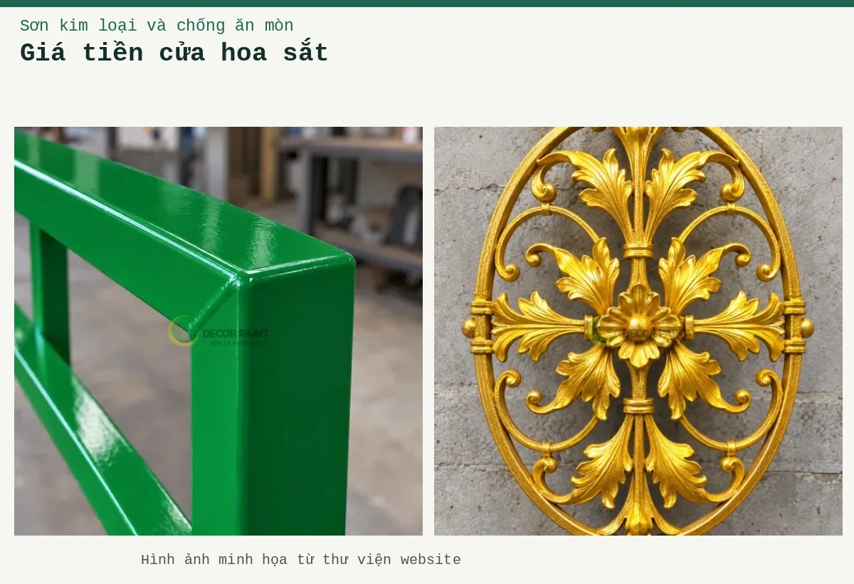 Giá tiền cửa hoa sắt – Ảnh minh họa: Ô cửa hoa sắt; Chi tiết góc hàn của khung sắt hộp được phủ sơn xanh lá bóng.
