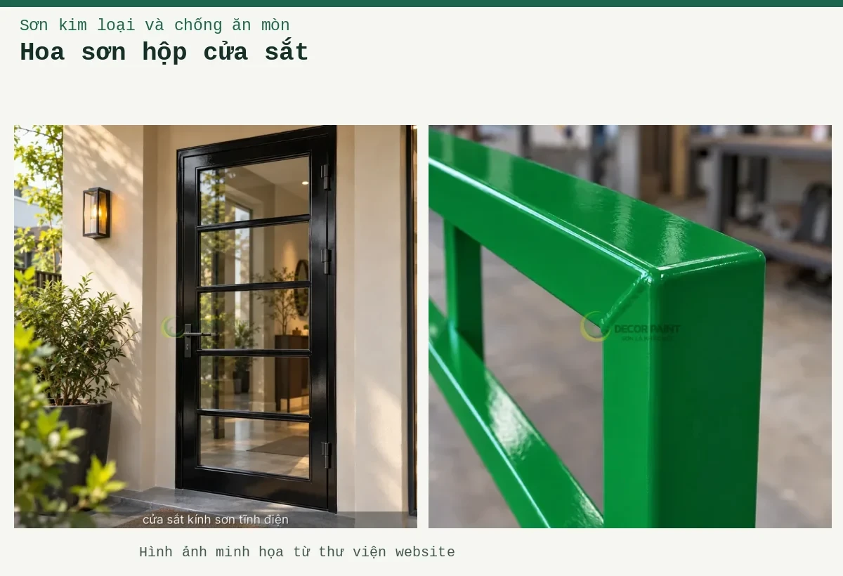 Hoa sơn hộp cửa sắt – Ảnh minh họa: Minh họa cửa sắt kính sơn tĩnh điện bằng cửa khung sắt sơn màu đen bóng kết hợp kính; Chi tiết góc hàn của khung sắt hộp được phủ sơn xanh lá bóng.
