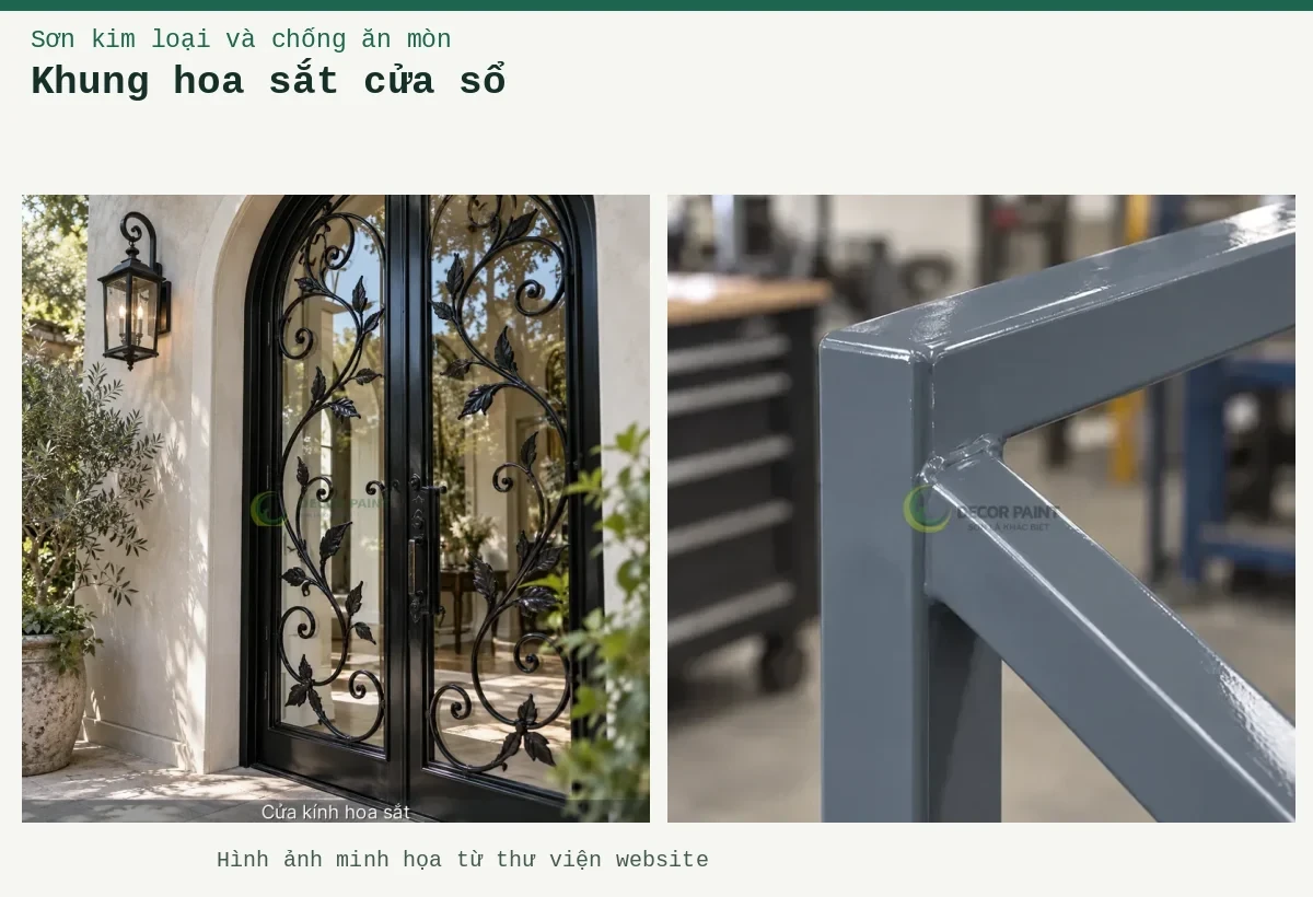 Khung hoa sắt cửa sổ – Ảnh minh họa: Minh họa cửa kính hoa sắt bằng cửa khung sắt sơn màu đen bóng kết hợp kính; Mối nối khung cửa sắt mạ kẽm hoàn thiện lớp sơn ghi nhạt.