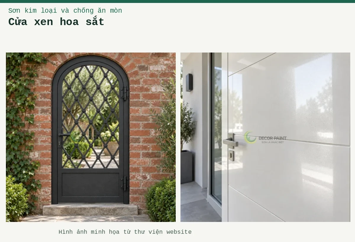 Cửa xen hoa sắt – Ảnh minh họa: Cửa sắt một cánh vòm với hoa văn hình thoi, hoàn thiện màu đen nhám trên nền tường gạch; Cửa thép trắng ngọc trai.