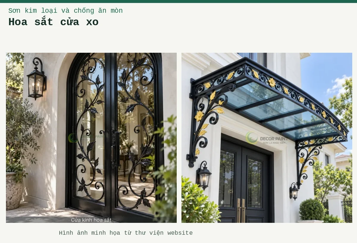 Hoa sắt cửa xo – Ảnh minh họa: Mái kính cửa vào phối sắt đen nhũ vàng; Minh họa cửa kính hoa sắt bằng cửa khung sắt sơn màu đen bóng kết hợp kính.