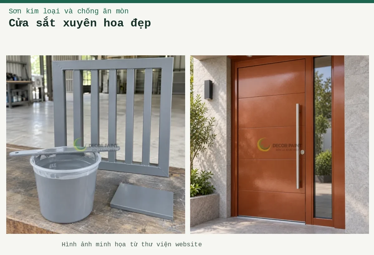 Cửa sắt xuyên hoa đẹp – Ảnh minh họa: Minh họa sơn màu ghi và mẫu cửa sắt cùng màu hoàn thiện; Cửa thép phủ nhũ đồng đỏ đậm.