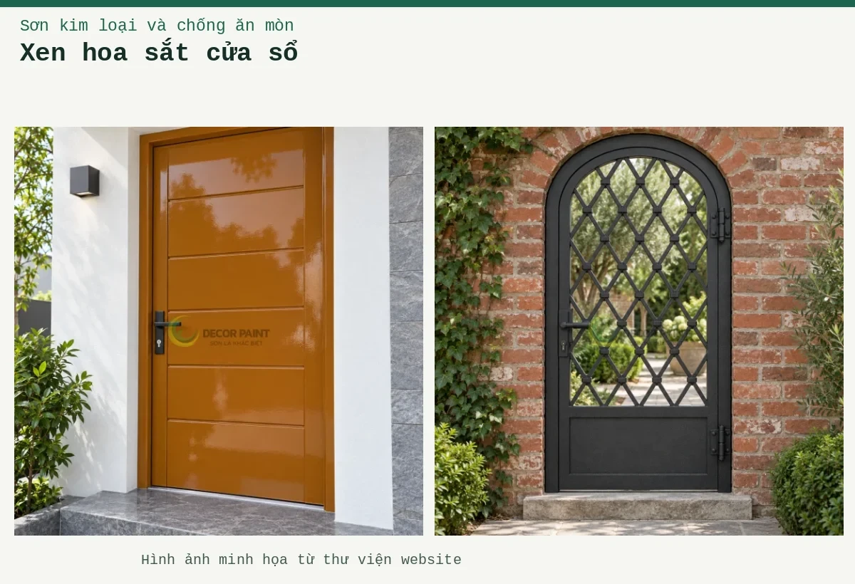Xen hoa sắt cửa sổ – Ảnh minh họa: Cửa sắt một cánh vòm với hoa văn hình thoi, hoàn thiện màu đen nhám trên nền tường gạch; Cửa thép nâu da bò RS002.
