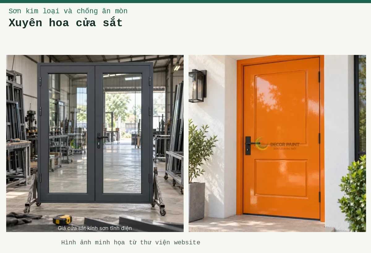 Xuyên hoa cửa sắt – Ảnh minh họa: Minh họa giá cửa sắt kính sơn tĩnh điện bằng cửa khung sắt sơn màu xingfa ghi đậm kết hợp kính; Cửa thép vàng cam RS004.