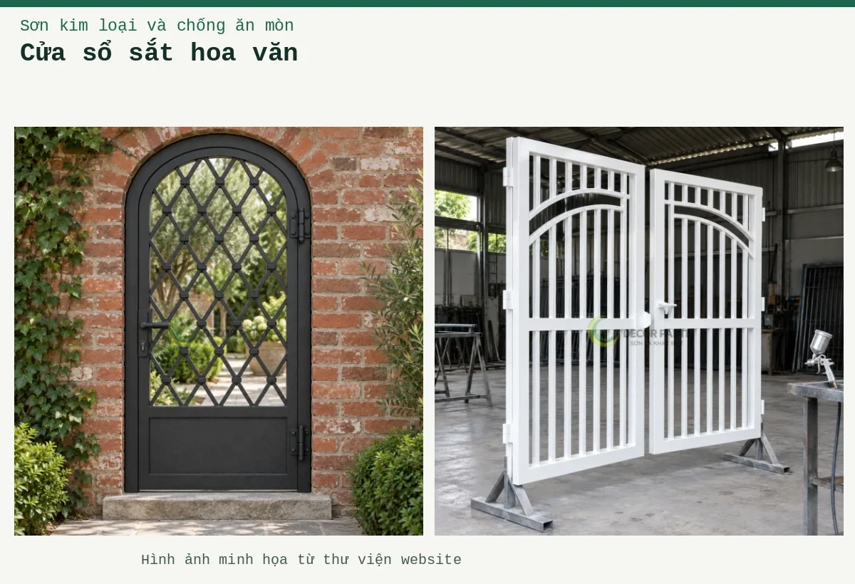 Cửa sổ sắt hoa văn – Ảnh minh họa: Cửa sắt một cánh vòm với hoa văn hình thoi, hoàn thiện màu đen nhám trên nền tường gạch; Hai cánh cửa sắt hoàn thiện màu trắng trên giá đỡ tại xưởng.