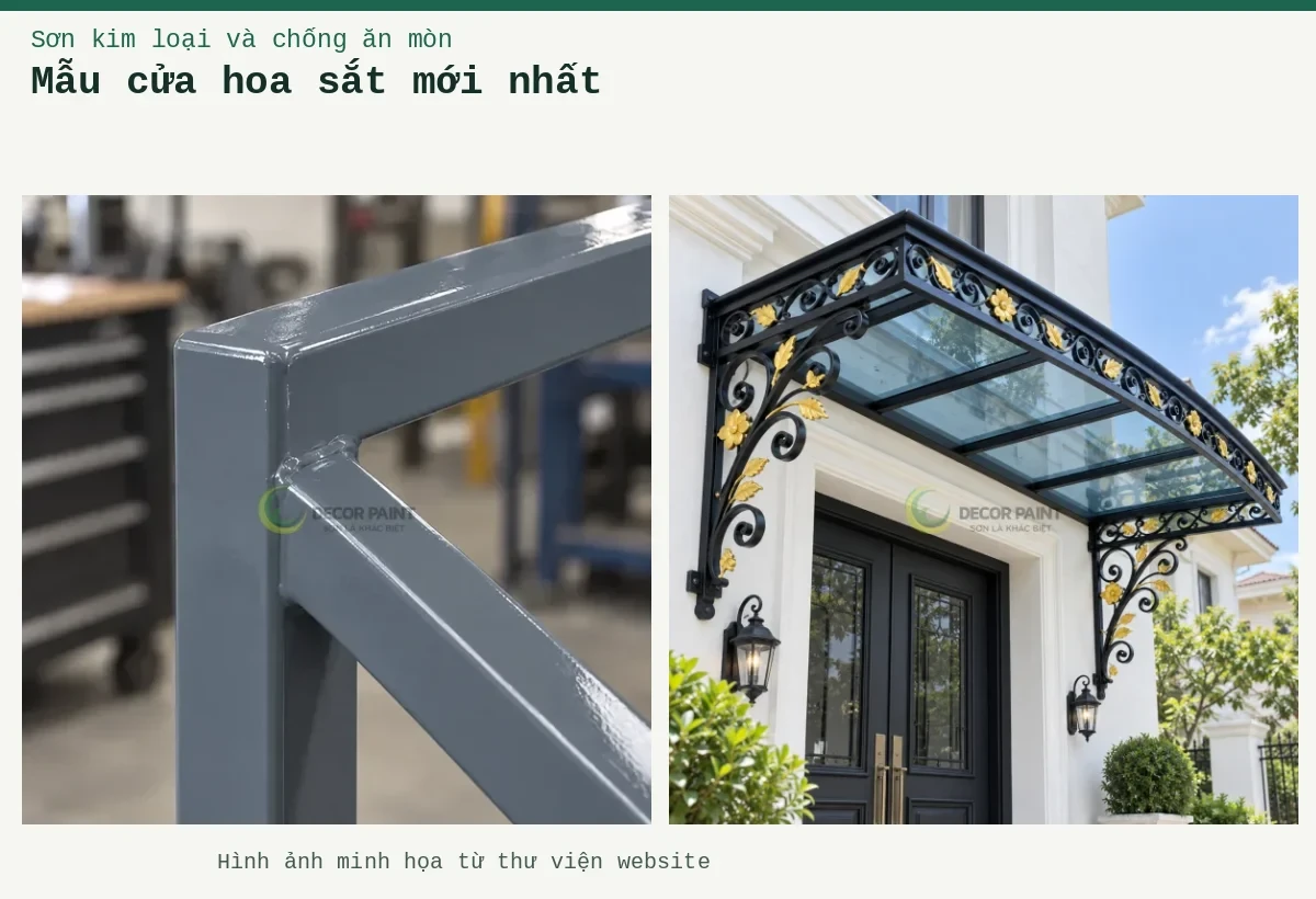 Mẫu cửa hoa sắt mới nhất – Ảnh minh họa: Mái kính cửa vào phối sắt đen nhũ vàng; Mối nối khung cửa sắt mạ kẽm hoàn thiện lớp sơn ghi nhạt.