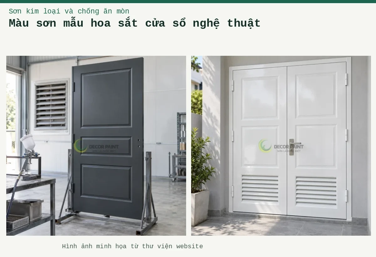 Màu sơn mẫu hoa sắt cửa sổ nghệ thuật – Ảnh minh họa: Minh họa cửa sắt hoàn thiện màu xám đậm cùng súng phun đặt trên giá; Cửa sắt hai cánh sơn trắng bóng, pano phía trên và lam thông gió phía dưới.