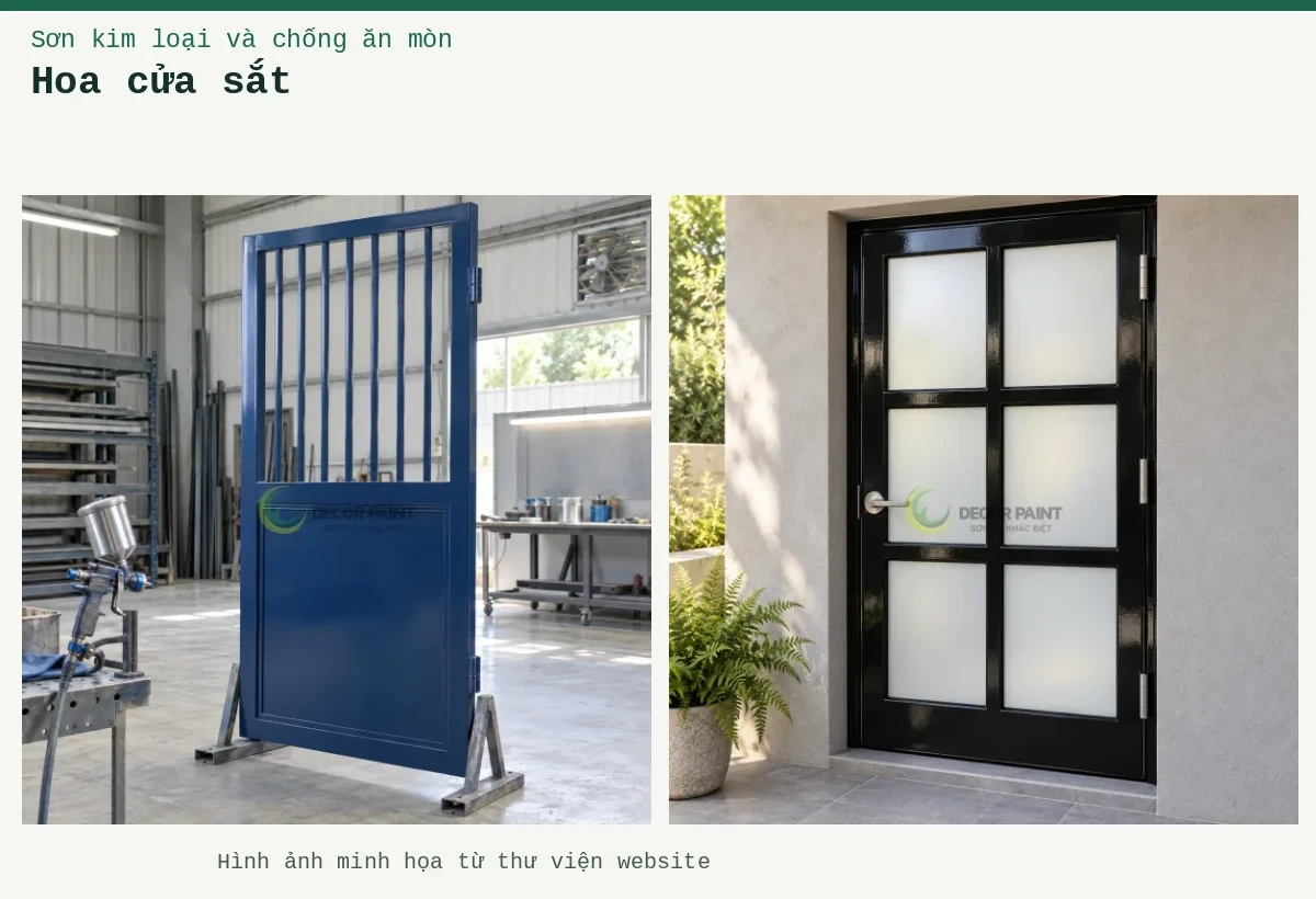 Hoa cửa sắt – Ảnh minh họa: Minh họa cửa sắt hoàn thiện màu xanh đậm trên giá đỡ trong xưởng; Cửa khung sắt sơn đen bóng một cánh, chia sáu ô kính mờ.