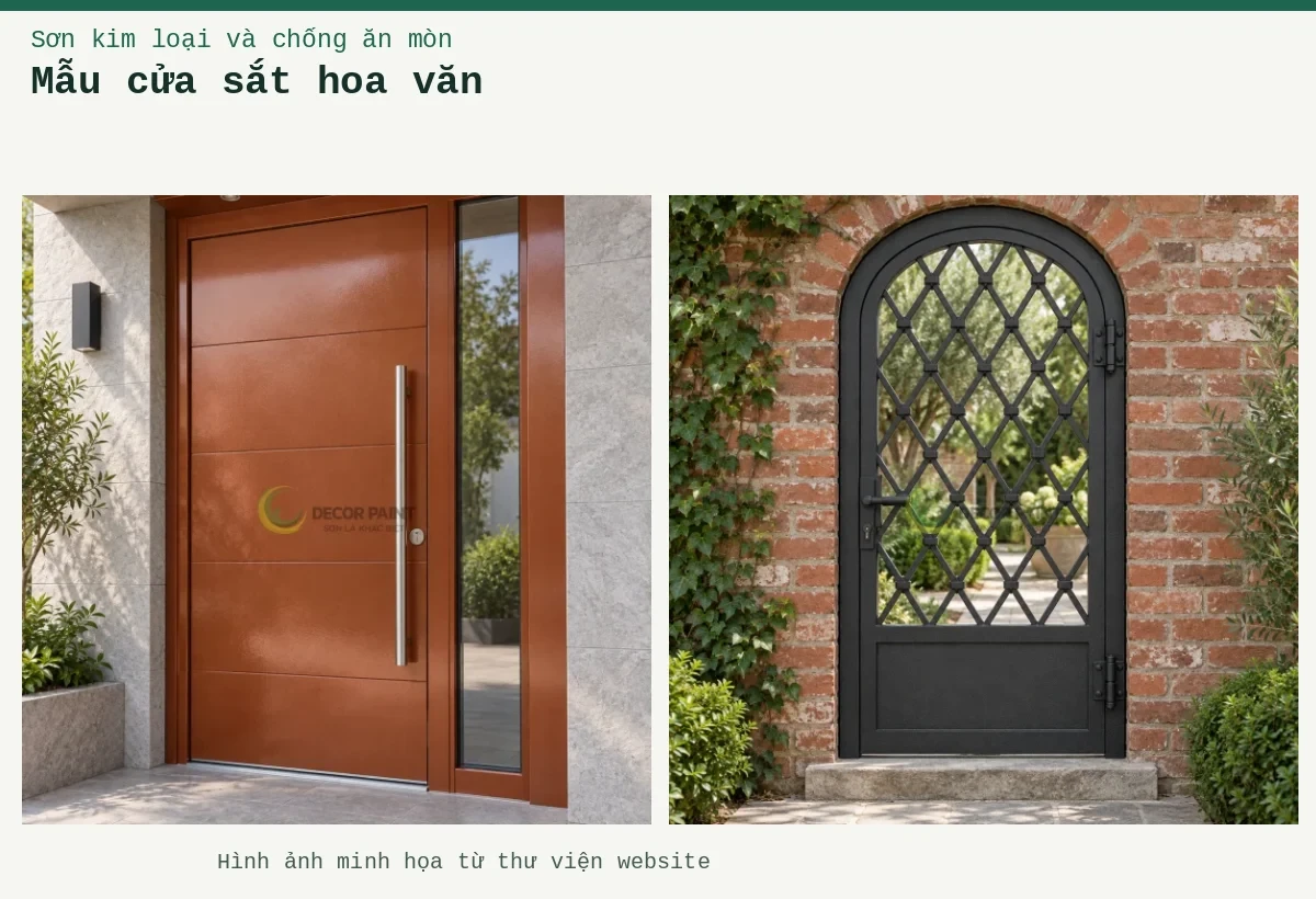 Mẫu cửa sắt hoa văn – Ảnh minh họa: Cửa sắt một cánh vòm với hoa văn hình thoi, hoàn thiện màu đen nhám trên nền tường gạch; Cửa thép phủ nhũ đồng đỏ đậm.