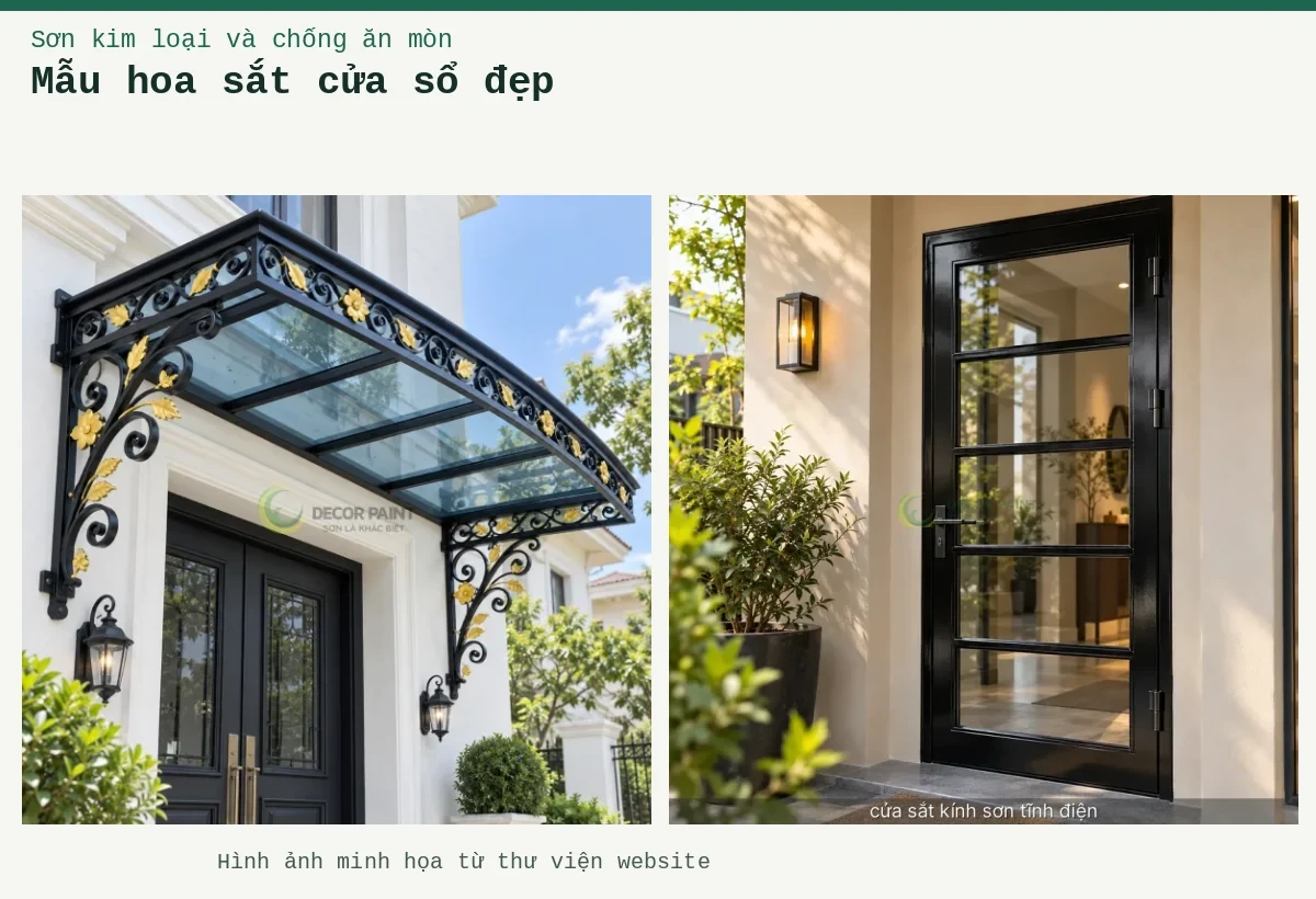 Mẫu hoa sắt cửa sổ đẹp – Ảnh minh họa: Mái kính cửa vào phối sắt đen nhũ vàng; Minh họa cửa sắt kính sơn tĩnh điện bằng cửa khung sắt sơn màu đen bóng kết hợp kính.