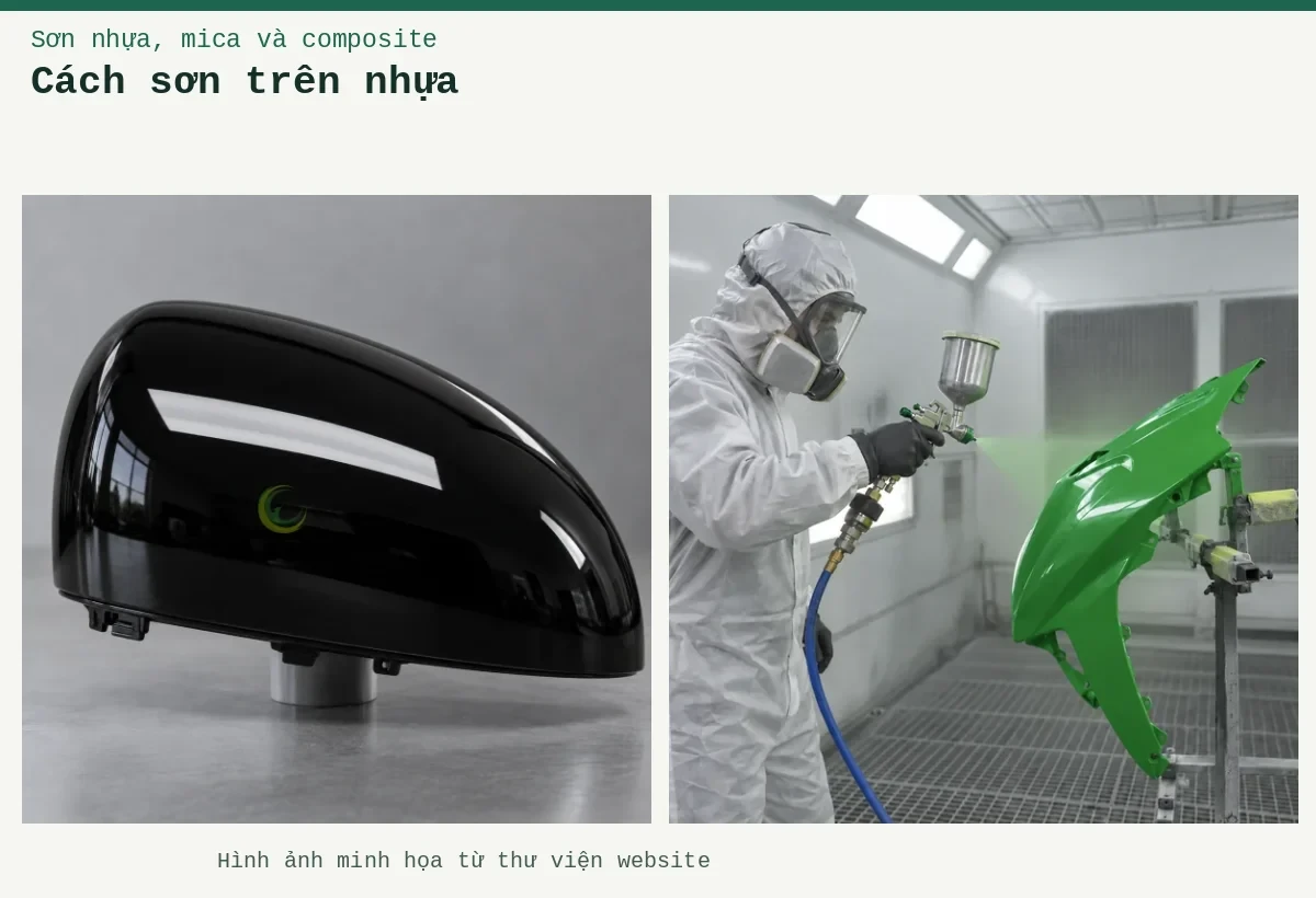 Cách sơn trên nhựa – Ảnh minh họa: thi công phun sơn tấm nhựa trong buồng phun; Vỏ gương nhựa đen bóng.