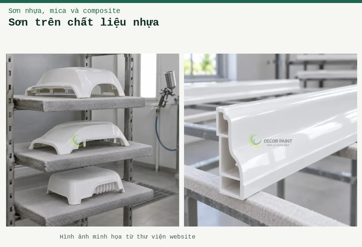 Sơn trên chất liệu nhựa – Ảnh minh họa: Vỏ nhựa PP trên giá; Thanh nhựa trắng bóng.