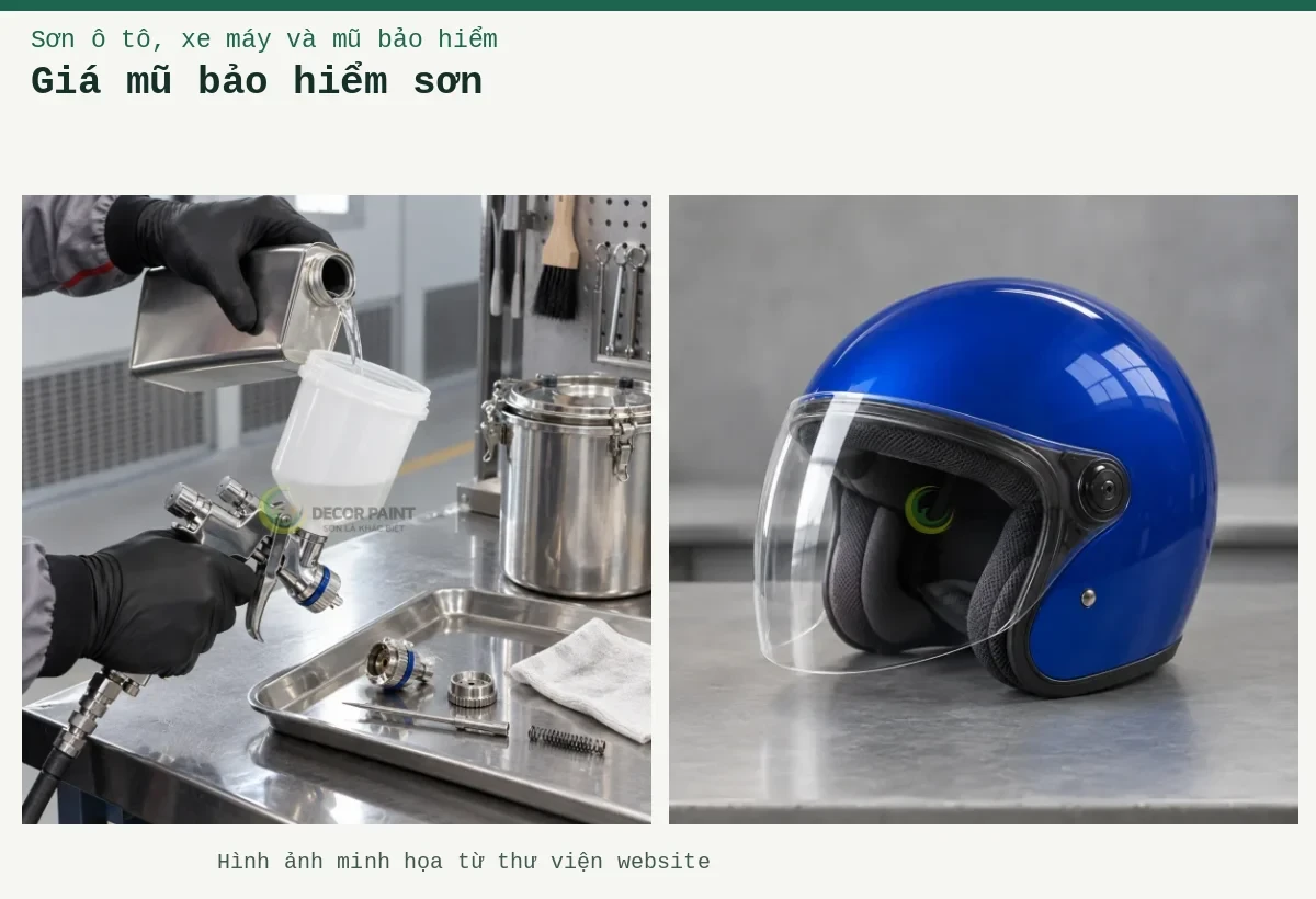 Giá mũ bảo hiểm sơn – Ảnh minh họa: Mũ bảo hiểm xanh trơn; Vệ sinh súng phun.