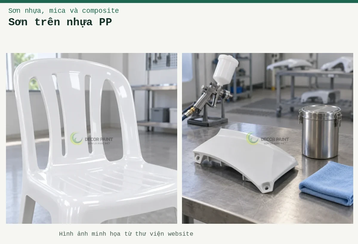 Sơn trên nhựa PP – Ảnh minh họa: Ghế nhựa PP trắng bóng; Chuẩn bị panel nhựa PP.