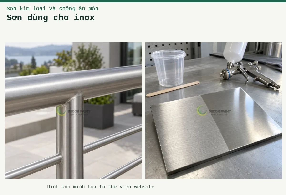 Sơn dùng cho inox – Ảnh minh họa: Lan can inox vân xước phủ trong; Minh họa mẫu inox xước trước và sau khi phủ trong, cùng dụng cụ chuẩn bị sơn.