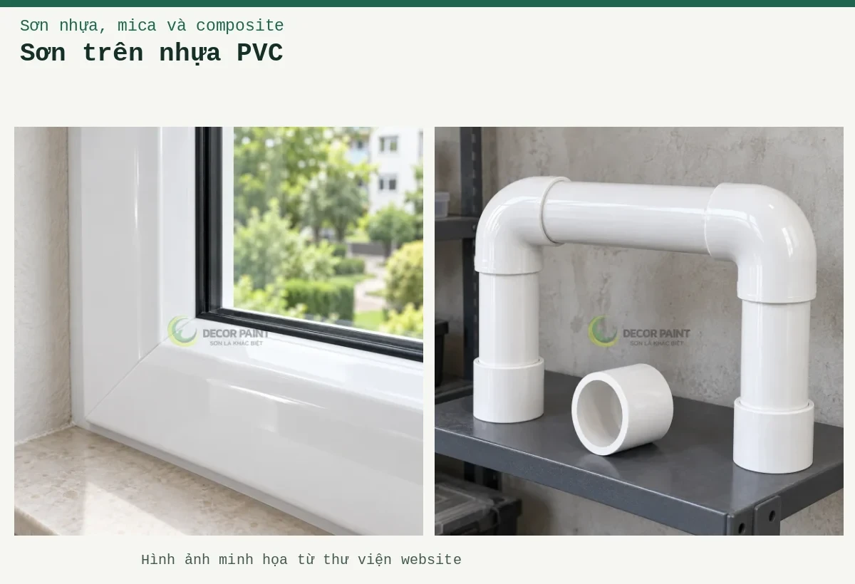 Sơn trên nhựa PVC – Ảnh minh họa: Cụm ống, cút nối và măng sông PVC phủ sơn trắng bóng trên giá kỹ thuật; Cận góc nối khung cửa sổ uPVC trắng bóng với gioăng kính màu đen.