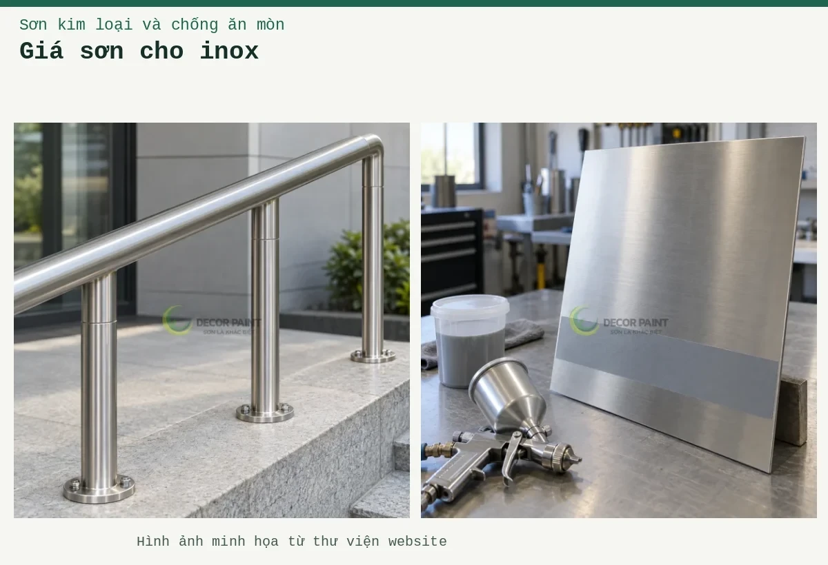 Giá sơn cho inox – Ảnh minh họa: Tấm inox xước với dải phủ thử màu xám, cốc pha và súng phun trên bàn chuẩn bị; Minh họa tay vịn và chân trụ inox với bề mặt xước bạc hoàn thiện.