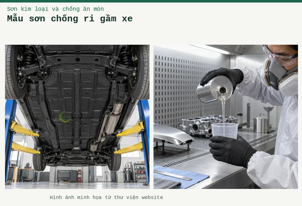 Mẫu sơn chống rỉ gầm xe – Ảnh minh họa: Gầm ô tô phủ bảo vệ màu đen; Pha sơn hai thành phần với chất đóng rắn – chuẩn bị thành phần đóng rắn tại bàn pha sơn.