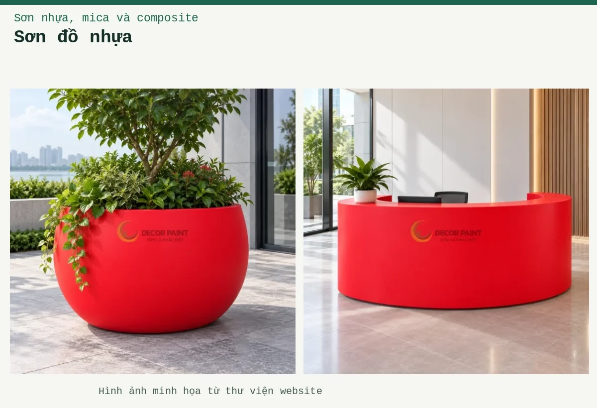 Sơn đồ nhựa – Ảnh minh họa: Quầy composite đỏ mờ; Chậu composite đỏ mờ.