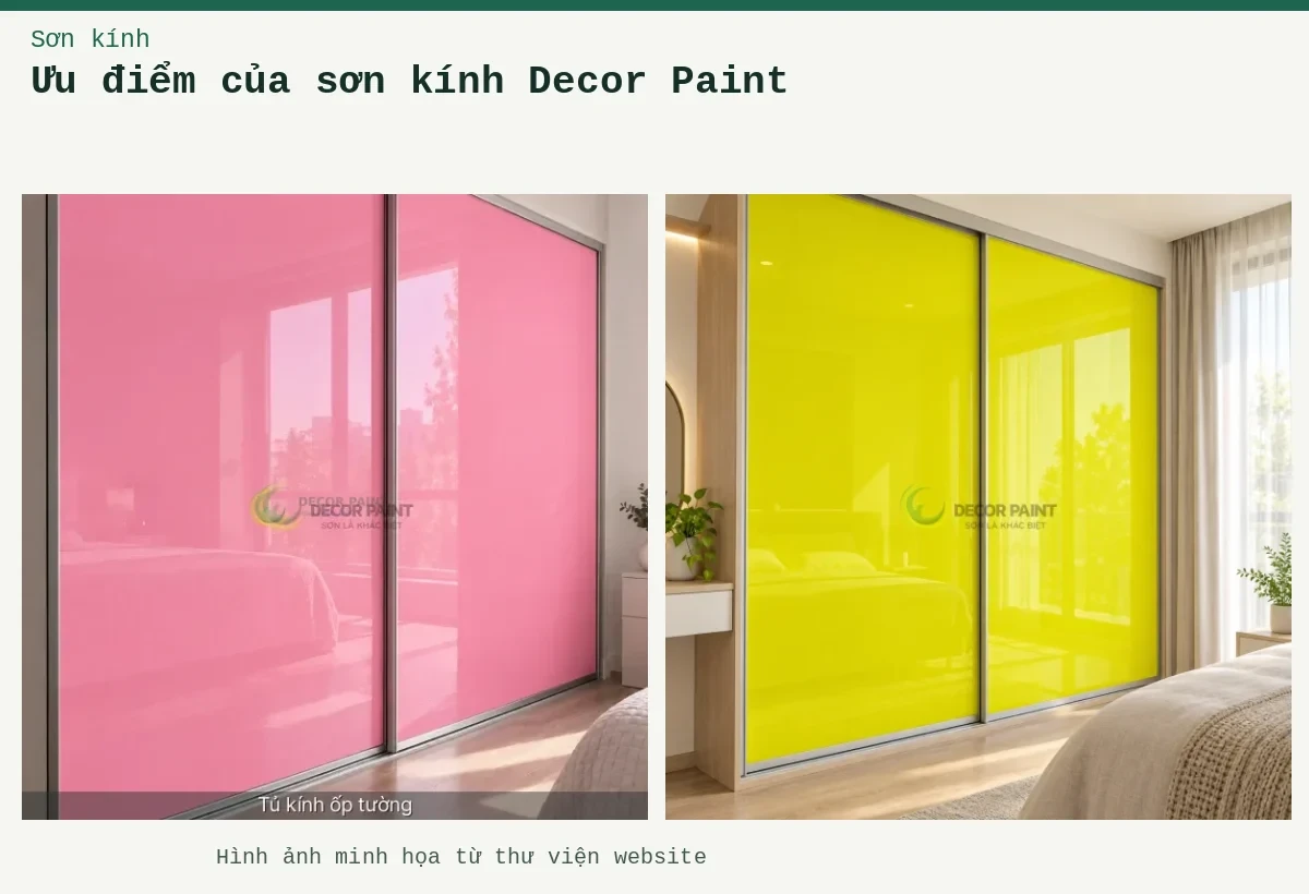 Ưu điểm của sơn kính Decor Paint – Ảnh minh họa: Cửa tủ kính màu hồng; Cửa kính tủ áo.