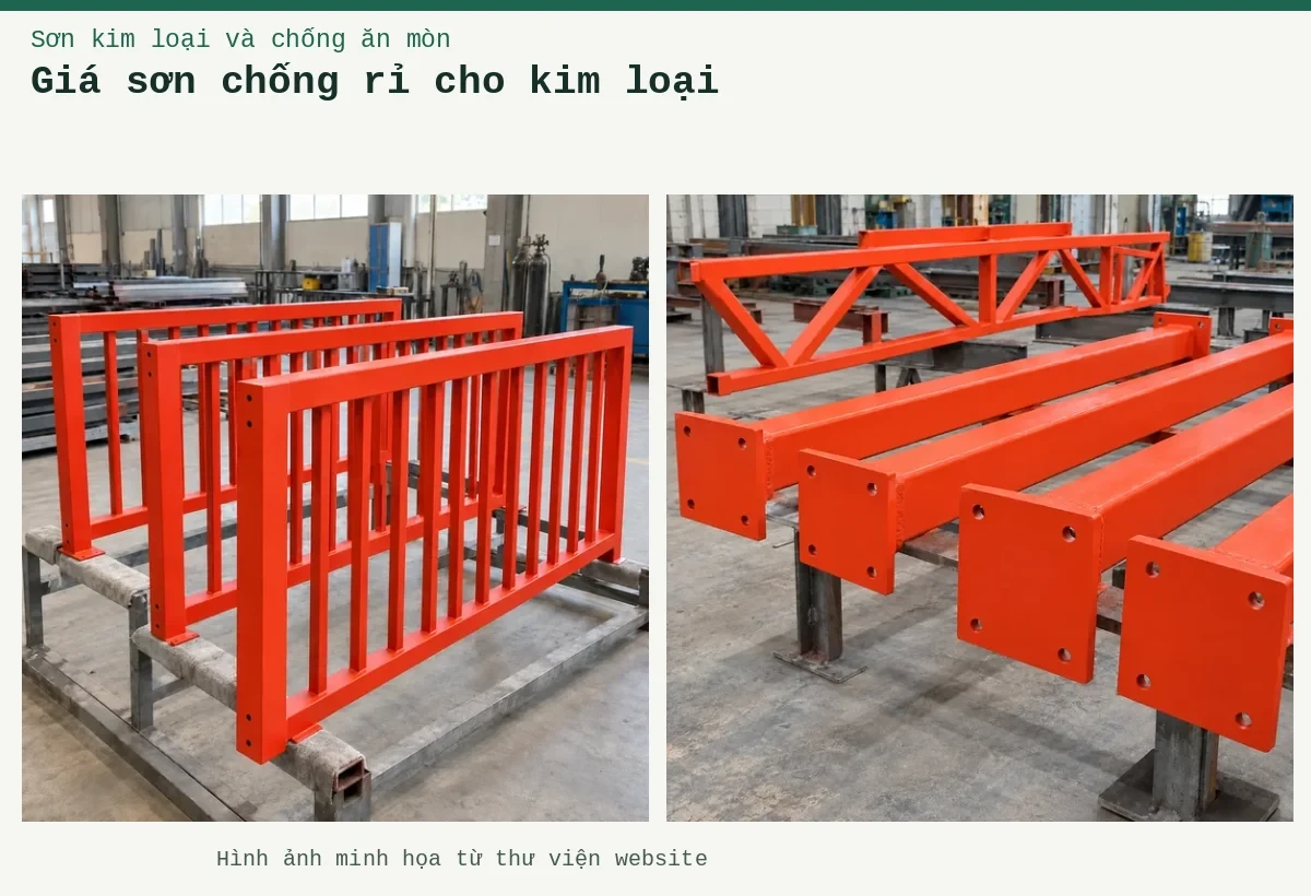Giá sơn chống rỉ cho kim loại – Ảnh minh họa: Sơn lót kim loại đỏ oxit – cấu kiện lan can được sơn lót; Sơn lót kim loại đỏ oxit – cấu kiện thép đã phủ lớp lót.