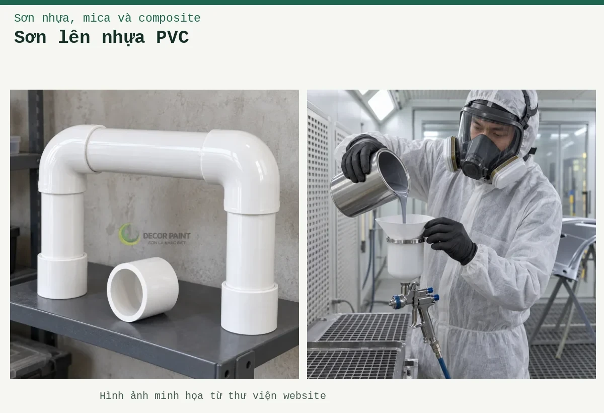 Sơn lên nhựa PVC – Ảnh minh họa: Cụm ống, cút nối và măng sông PVC phủ sơn trắng bóng trên giá kỹ thuật; Pha sơn hai thành phần với chất đóng rắn – lọc hỗn hợp sơn đã pha vào cốc súng phun.