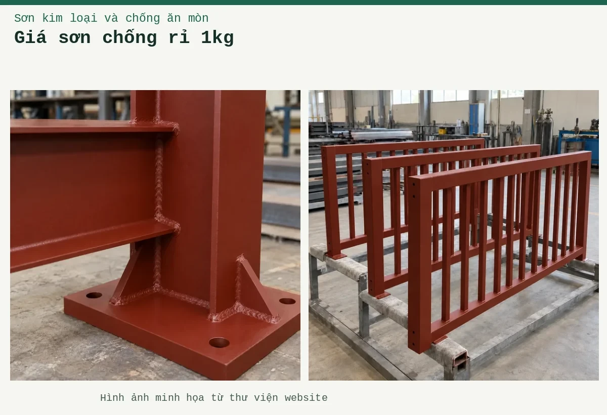 Giá sơn chống rỉ 1kg – Ảnh minh họa: Sơn lót kim loại đỏ oxit – cận cảnh lớp lót trên mối nối thép; Sơn lót kim loại đỏ oxit – cấu kiện lan can được sơn lót.