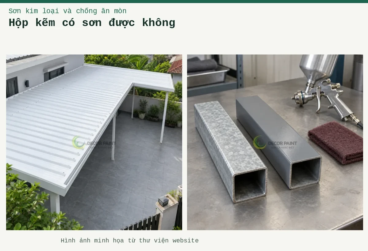 Hộp kẽm có sơn được không – Ảnh minh họa: Mẫu ống thép hộp mạ kẽm và mẫu đã phủ màu xám trên bàn chuẩn bị bề mặt; Mái che sân nhà bằng tôn màu trắng.