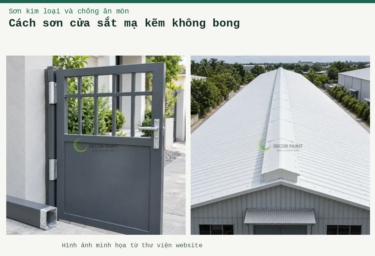 Cách sơn cửa sắt mạ kẽm không bong – Ảnh minh họa: Cửa sắt mạ kẽm phủ màu ghi cùng mẫu vật liệu đối chiếu; Mái tôn nhà xưởng màu trắng và chóp thông gió.