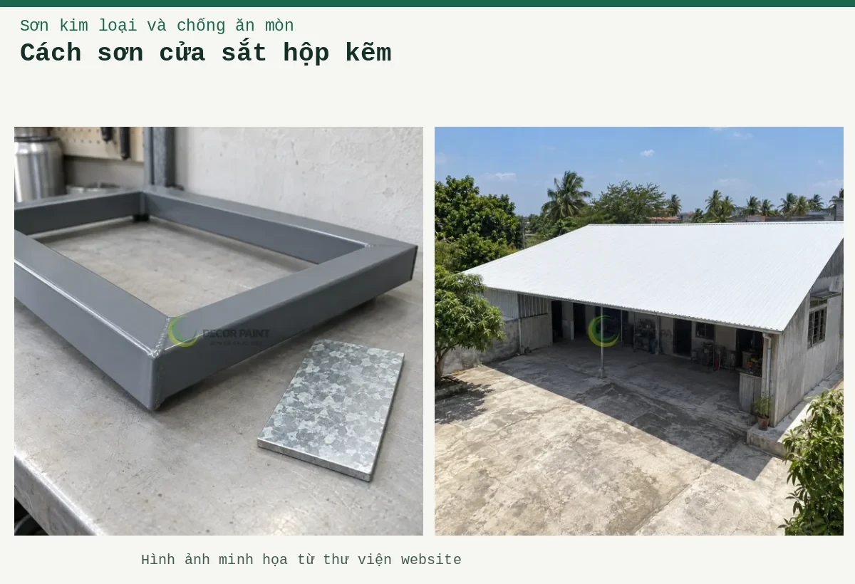 Cách sơn cửa sắt hộp kẽm – Ảnh minh họa: Mái tôn trắng của công trình một tầng và khoảng sân phía trước; Khung thép hộp phủ màu xám bên tấm mẫu bề mặt mạ kẽm.