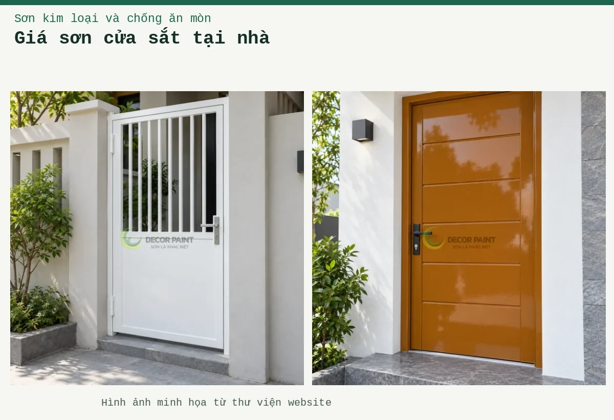 Giá sơn cửa sắt tại nhà – Ảnh minh họa: Cửa sắt hoàn thiện màu trắng tại lối vào nhà; Cửa thép nâu da bò RS002.