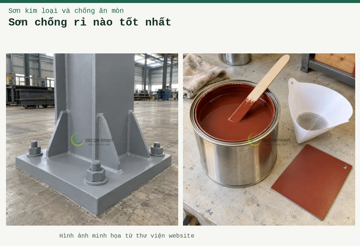 Sơn chống rỉ nào tốt nhất – Ảnh minh họa: Chân cột thép và bản mã liên kết được phủ sơn chống rỉ màu xám; Sơn lót nâu đỏ trong lon, que khuấy, phễu lọc và tấm thép mẫu đã sơn.