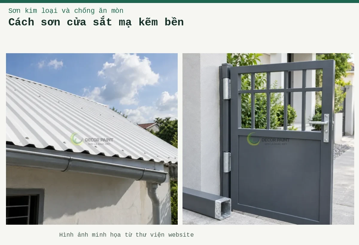 Cách sơn cửa sắt mạ kẽm bền – Ảnh minh họa: Cửa sắt mạ kẽm phủ màu ghi cùng mẫu vật liệu đối chiếu; Mái tôn nhà ở màu trắng với máng xối và ống thoát nước.