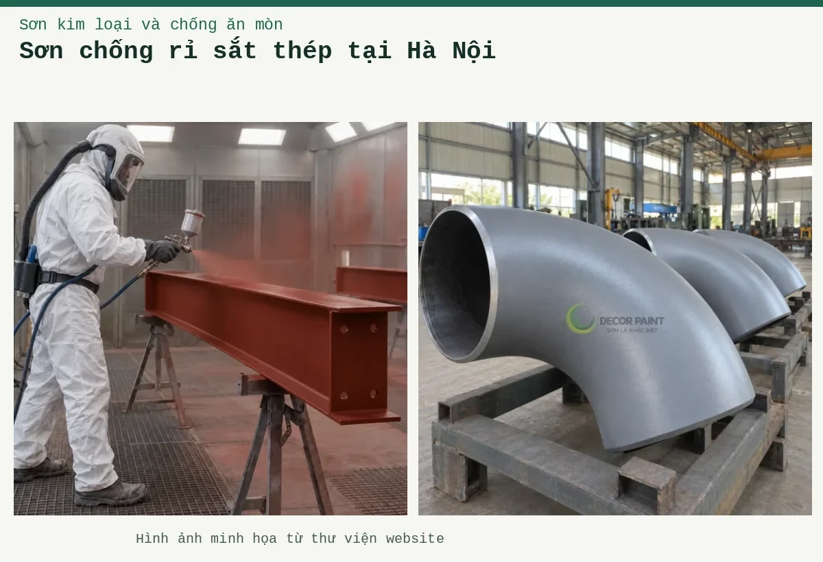 Sơn chống rỉ sắt thép tại Hà Nội – Ảnh minh họa: Các co ống thép phủ sơn chống rỉ màu xám đặt trên giá tại xưởng; Sơn lót kim loại đỏ oxit – thi công phun lớp lót trên thép.