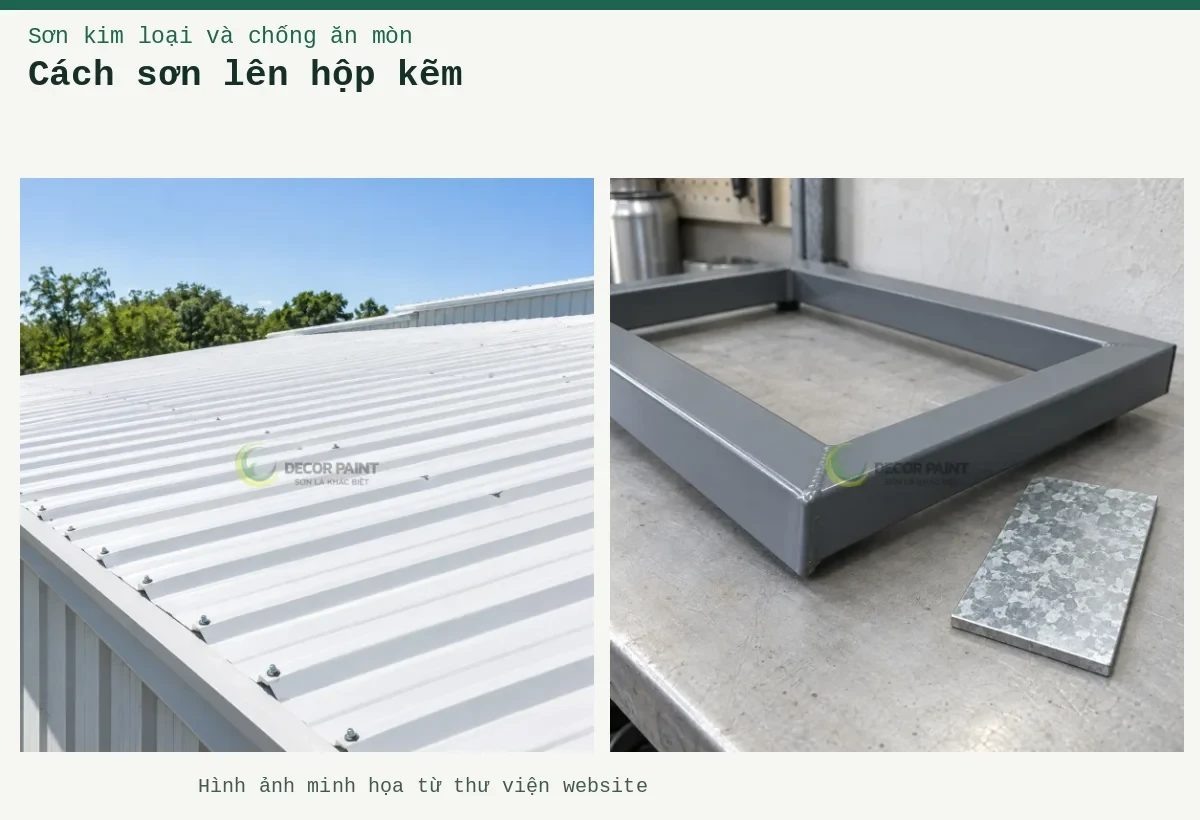 Cách sơn lên hộp kẽm – Ảnh minh họa: Khung thép hộp phủ màu xám bên tấm mẫu bề mặt mạ kẽm; Mái tôn phủ trắng dưới ánh nắng.