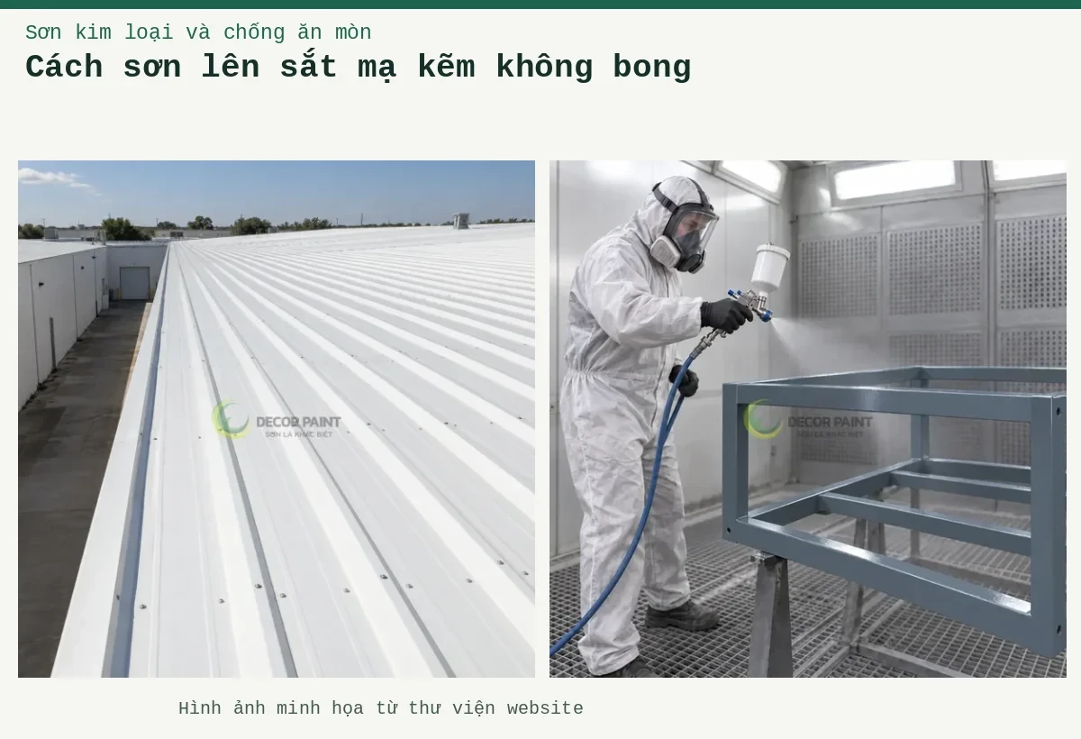 Cách sơn lên sắt mạ kẽm không bong – Ảnh minh họa: Minh họa phun sơn ghi nhạt trên khung sắt mạ kẽm trong buồng phun; Các dải mái tôn công nghiệp màu trắng nhìn dọc theo công trình.