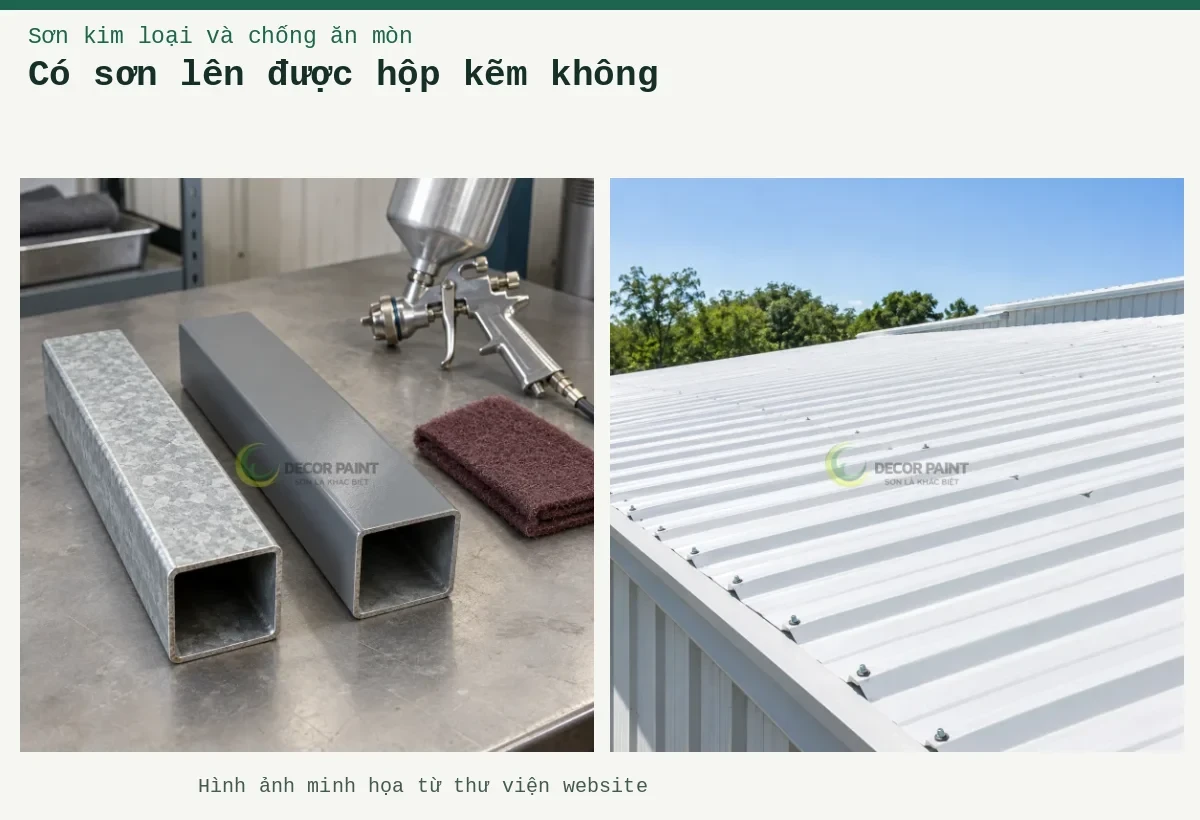 Có sơn lên được hộp kẽm không – Ảnh minh họa: Mẫu ống thép hộp mạ kẽm và mẫu đã phủ màu xám trên bàn chuẩn bị bề mặt; Mái tôn phủ trắng dưới ánh nắng.