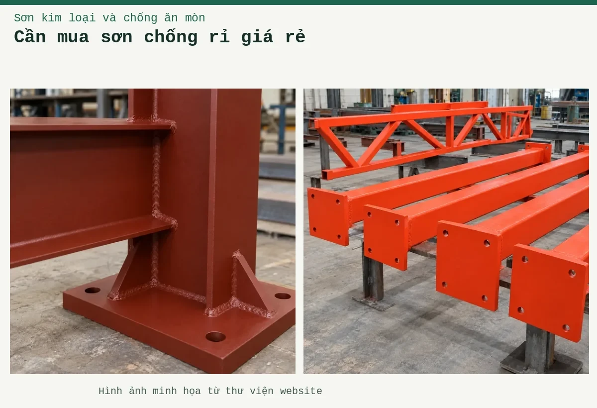 Cần mua sơn chống rỉ giá rẻ – Ảnh minh họa: Sơn lót kim loại đỏ oxit – cận cảnh lớp lót trên mối nối thép; Sơn lót kim loại đỏ oxit – cấu kiện thép đã phủ lớp lót.