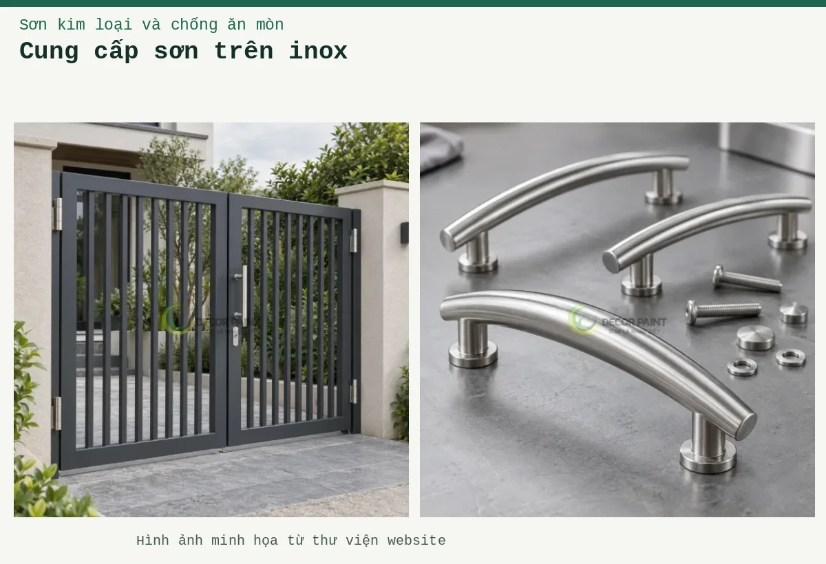 Cung cấp sơn trên inox – Ảnh minh họa: Minh họa tay nắm cong và phụ kiện inox với bề mặt bạc xước; Cổng inox hai cánh phủ màu xám than.