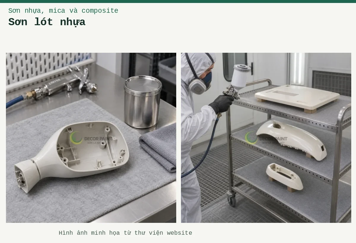 Sơn lót nhựa – Ảnh minh họa: Chuẩn bị vỏ gương nhựa; Chi tiết nhựa trên giá.