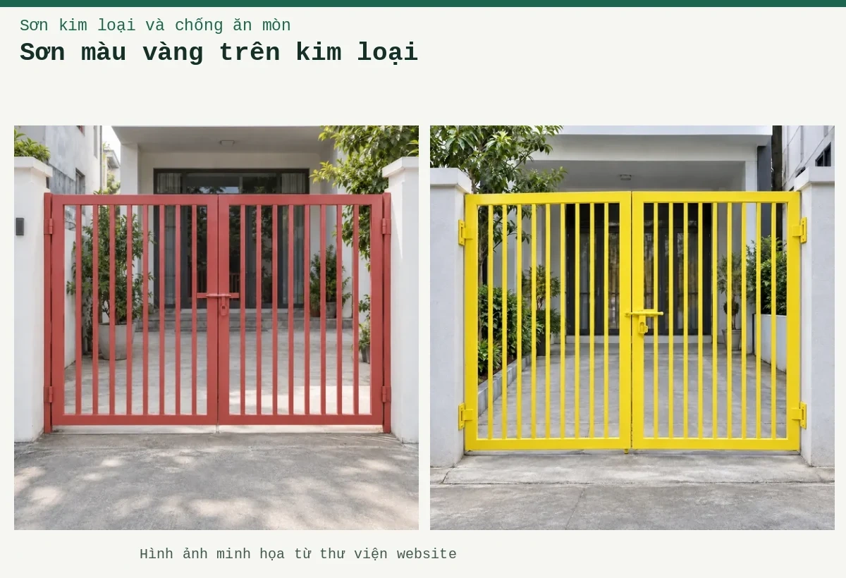 Sơn màu vàng trên kim loại – Ảnh minh họa: Sơn kim loại cam vàng – cửa cổng kim loại; Sơn kim loại vàng chanh – cửa cổng kim loại.