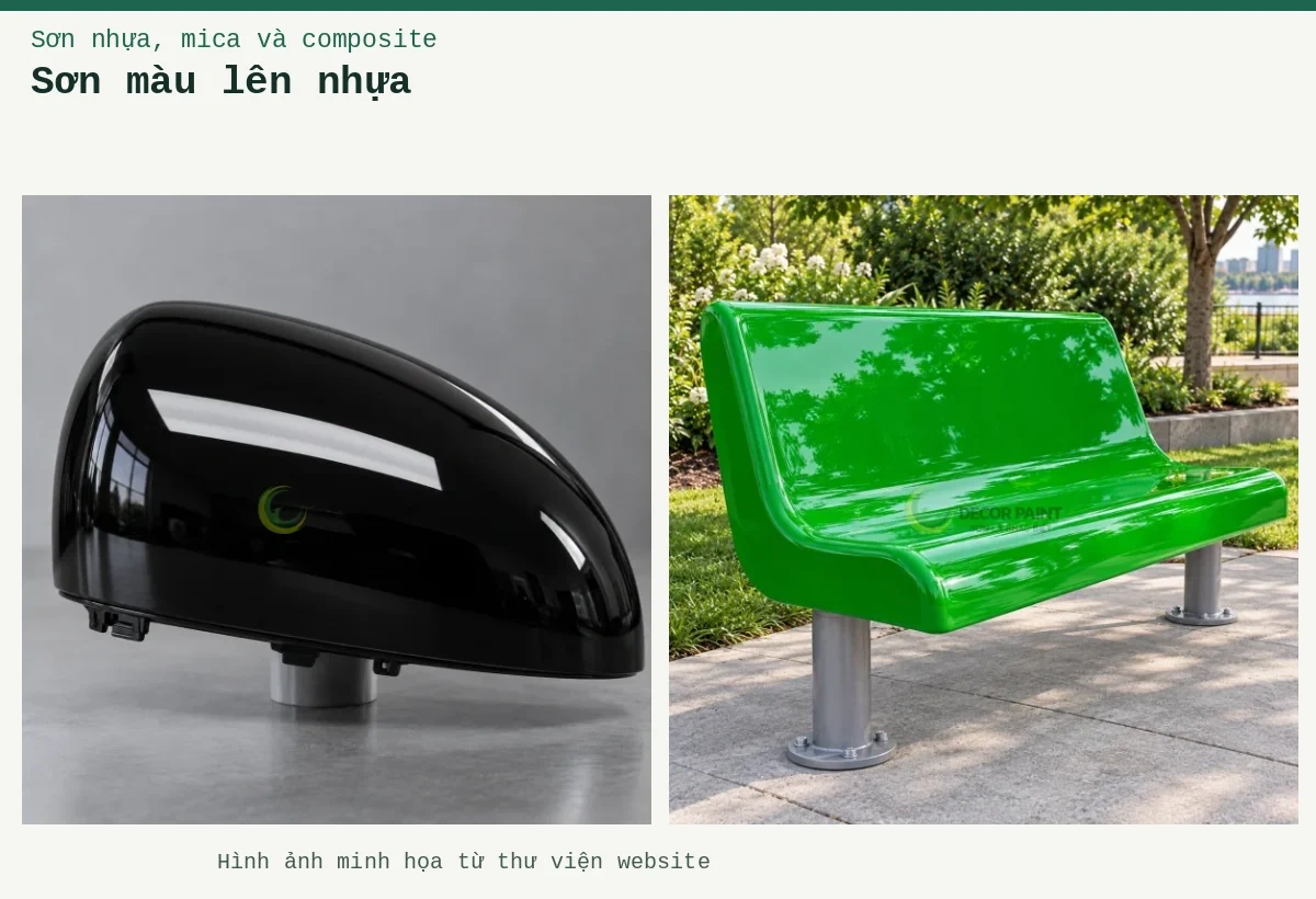 Sơn màu lên nhựa – Ảnh minh họa: Ghế nhựa công viên; Vỏ gương nhựa đen bóng.