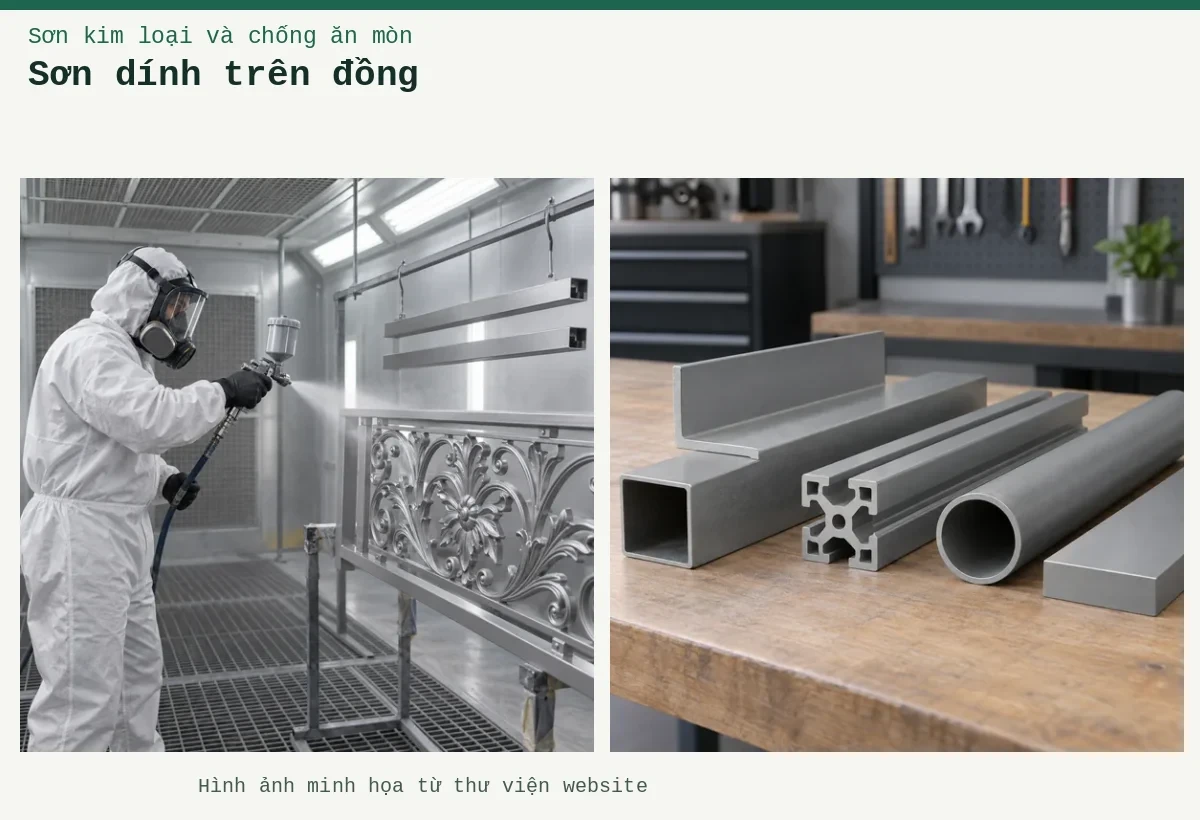 Sơn dính trên đồng – Ảnh minh họa: Pha sơn hai thành phần với chất đóng rắn – thi công phun hỗn hợp sơn lên cấu kiện kim loại; Sơn đa năng trên kim loại – các dạng bề mặt và thanh định hình kim loại.