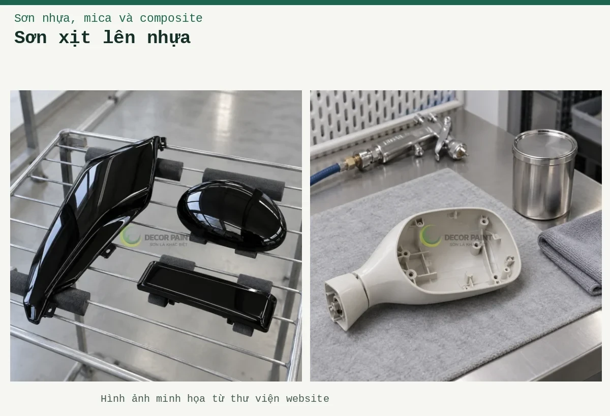 Sơn xịt lên nhựa – Ảnh minh họa: Chi tiết nhựa đen bóng trên giá; Chuẩn bị vỏ gương nhựa.