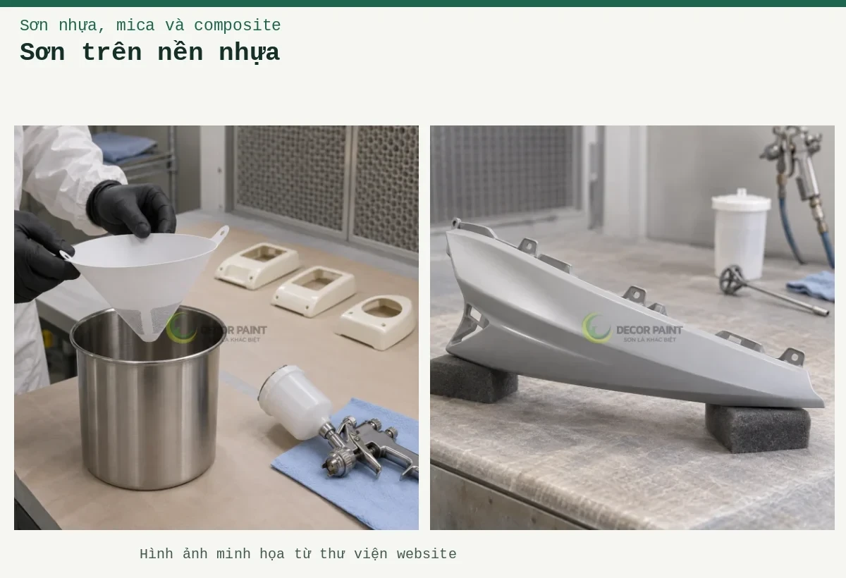 Sơn trên nền nhựa – Ảnh minh họa: Ốp nhựa trên đệm; Chuẩn bị lọc sơn nhựa.