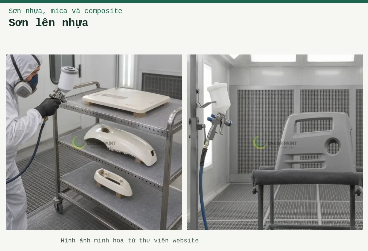 Sơn lên nhựa – Ảnh minh họa: Súng phun và panel nhựa; Chi tiết nhựa trên giá.